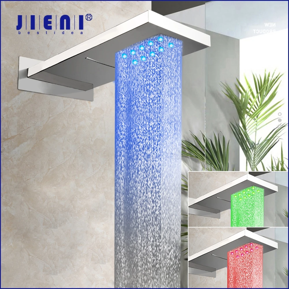 

JIENI Chrome Polished LED Thick Bathroom Shower Head Wall Mounted Rainfall Solid Brass Ultrathin Shower Head Bathroom Overhead