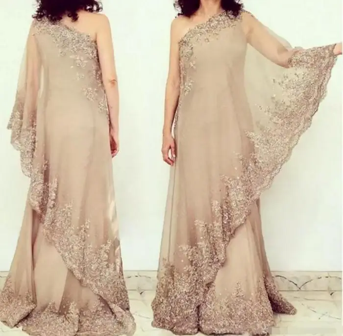 2025 New Saudi Arabic Champagne Lace Applique Evening Dresses One Shoulder Chiffon Prom Party Formal Gowns Customized