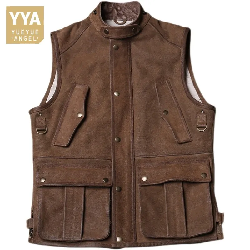 Outdoor Mens Cargo Vests Vintage Cowhide Genuine Leather Cowboy Sleeveless Jacket Vest Multi-Pocket Stand Collar Biker Waistcoat