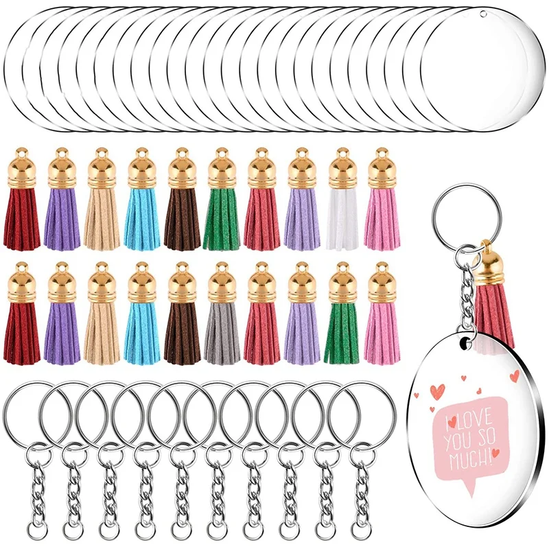 

90 Pieces Acrylic Keychain Making Kit Clear Acrylic Keychain Blanks and Colorful Tassel Pendants for DIY Projects