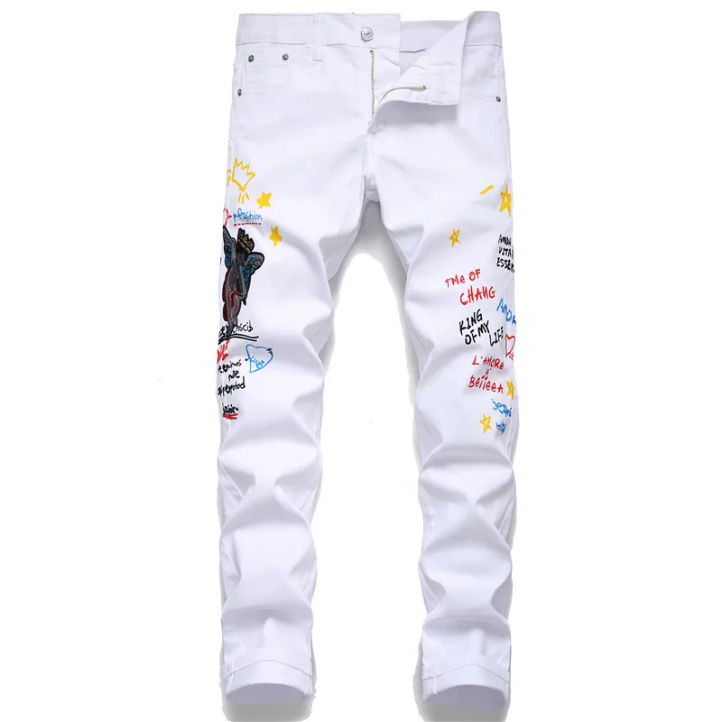 Pantalones vaqueros blancos con estampado de letras para hombre diseño de dibujos pantalones de Hip hop pantalones vaqueros elásticos informales para hombre #5658