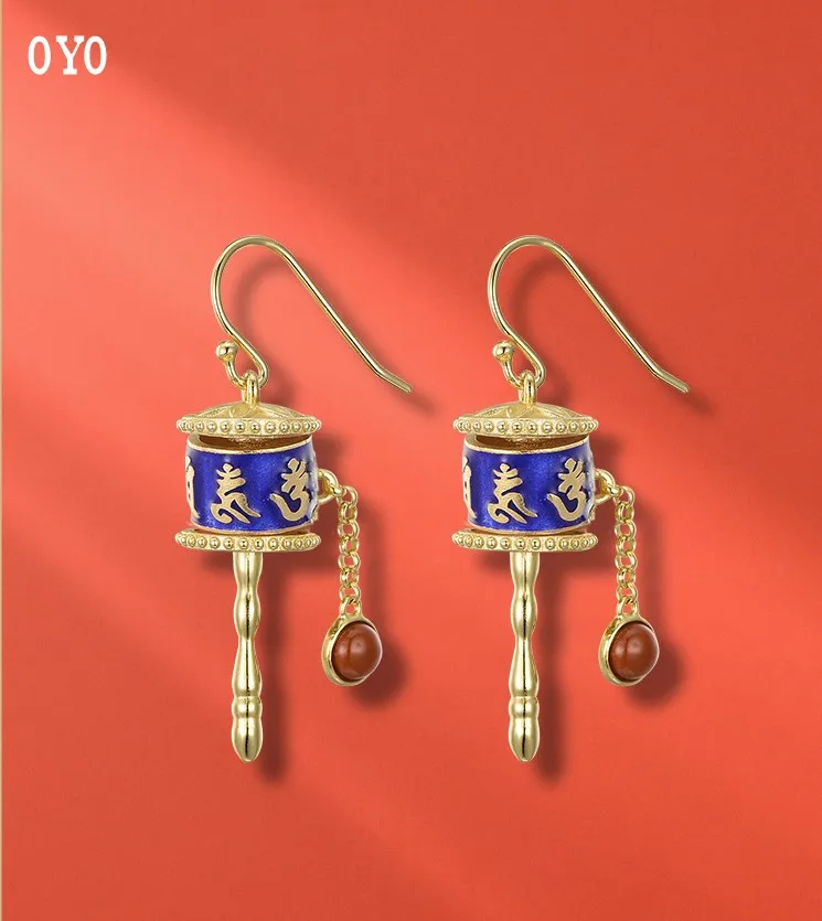 

Real s925 silver six-character mantra prayer wheel pendant female oil drip enamel vintage gold-plated personalized earrings