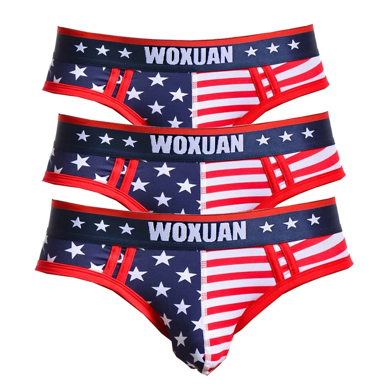 3 Piece Sexy Mens Briefs Jockstrap Slips Hombre Underwear American Flag Stripe Printed Thong G-String Gay Panties Boxershorts