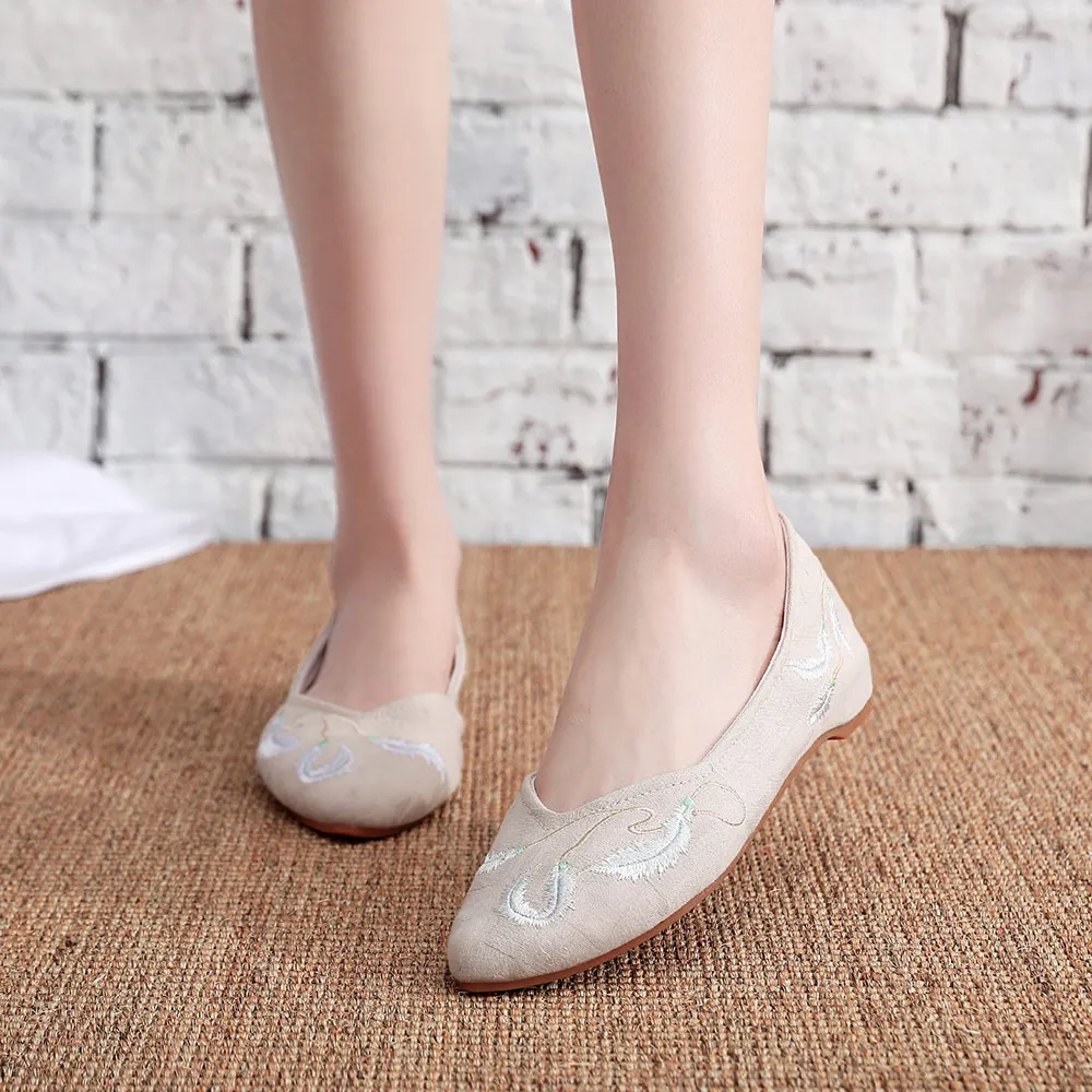 Veowalk Feather Embroidered Women Jacquard Cotton Pointed Toe Flats Comfortable Slip On Flat Shoes Ladies Pointy Toe Ballets