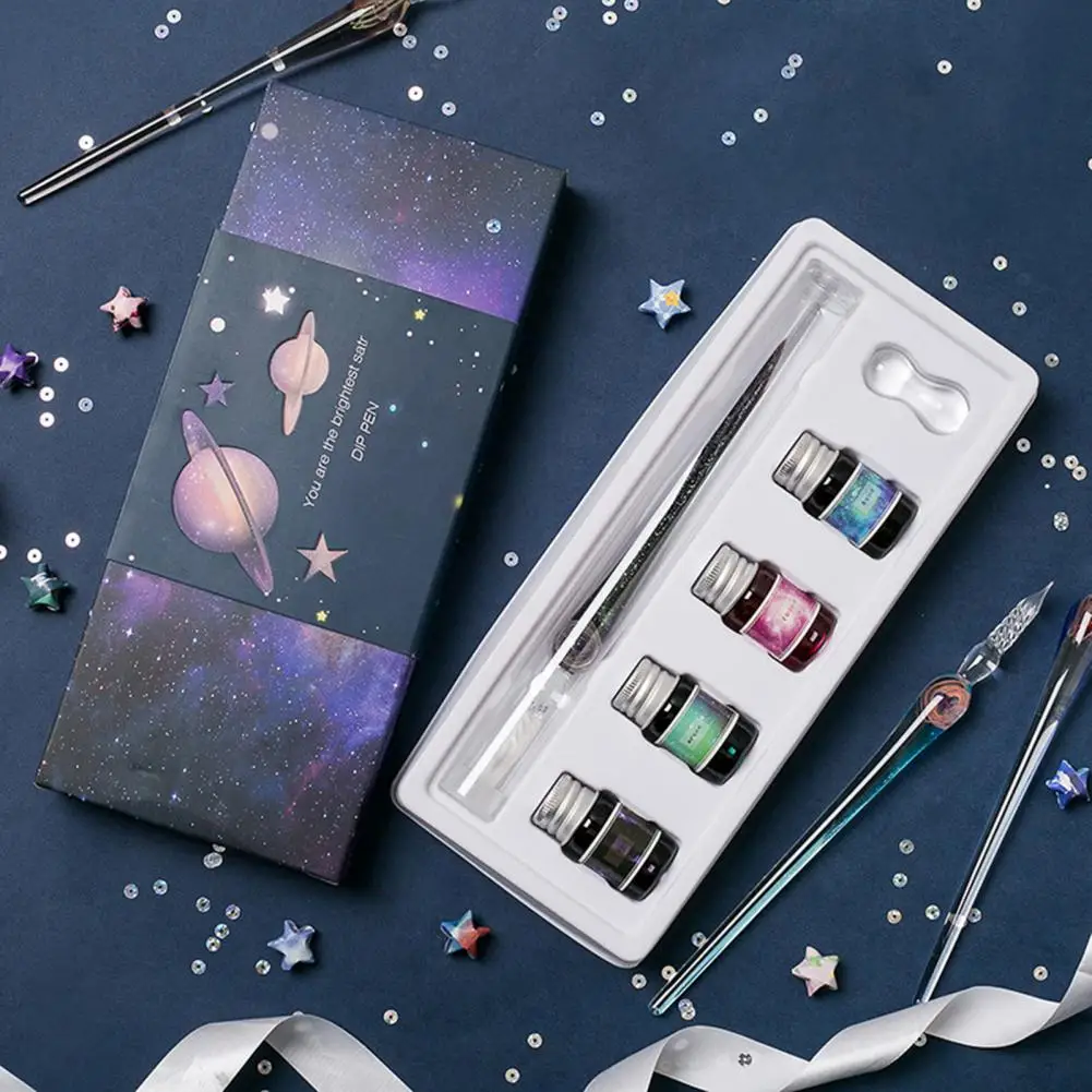 1 세트 크리스탈 펜 꿈 같은 부드러운 구불 구불 한 유리 펜 섬세한 서명 펜 빈티지 유리 딥 펜 서예 용 잉크 펜