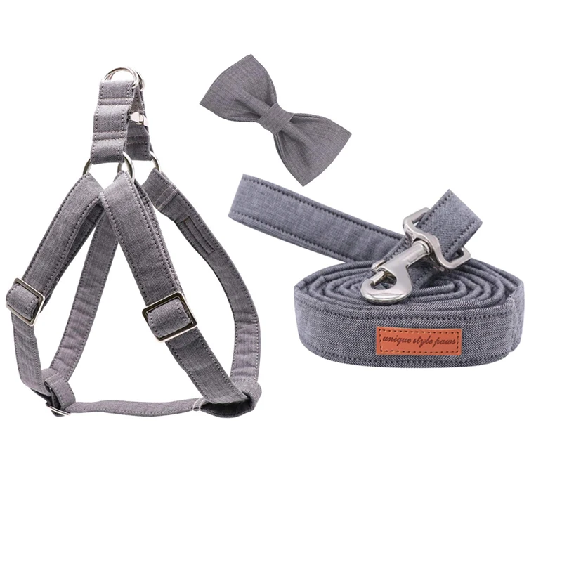 Unique Style Paws Gray Wave Dog Harness with Bowtie Dog Leash Adjustable Buckle Pet Supplies