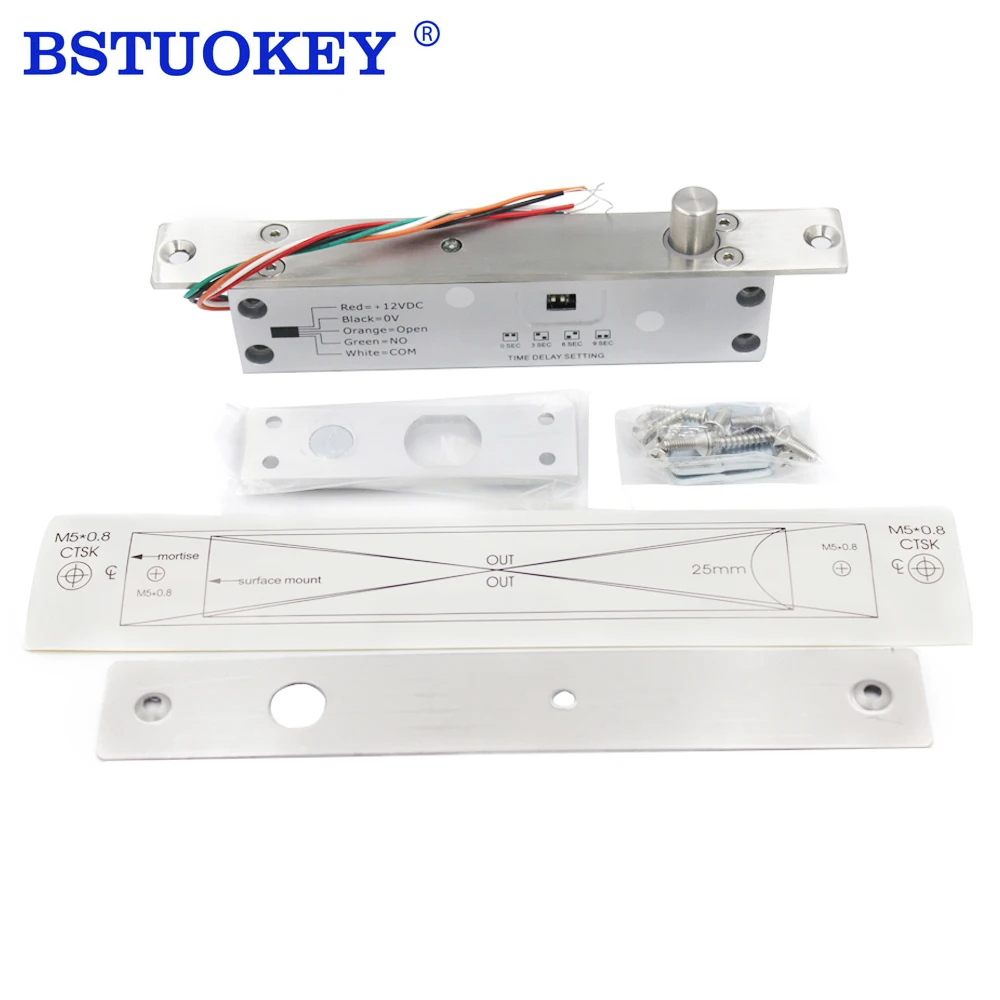 5 Wires Aluminium Alloy DC 12V Electric Bolt Lock NC NO Output Time Delay 0/3/6/9S Fail Safe Bolt Mortise Door Lock