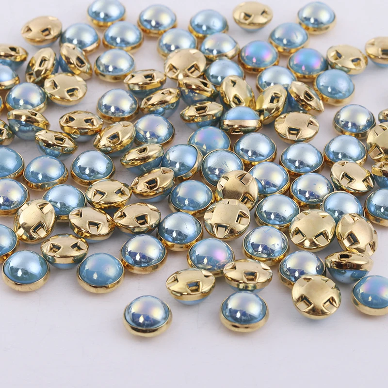 RESEN Top Grade Gold Sewing Pearl Bead  Sky Blue AB 6mm 8mm Mix Color Claw Rhinestones Sew On Pearls Button For Fabric Clothes