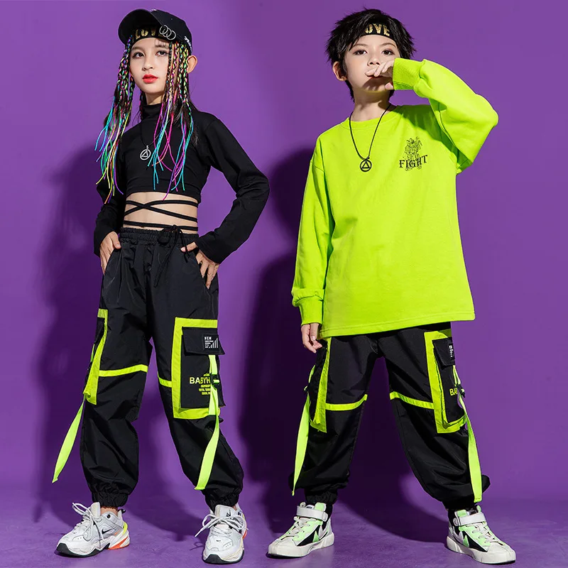 Kid Kpop Hip Hop Clothing Sweatshirt Crop Top Streetwear Tactical Cargo Jogger Pants for Girls Boys Jazz Dance Costume Clothes