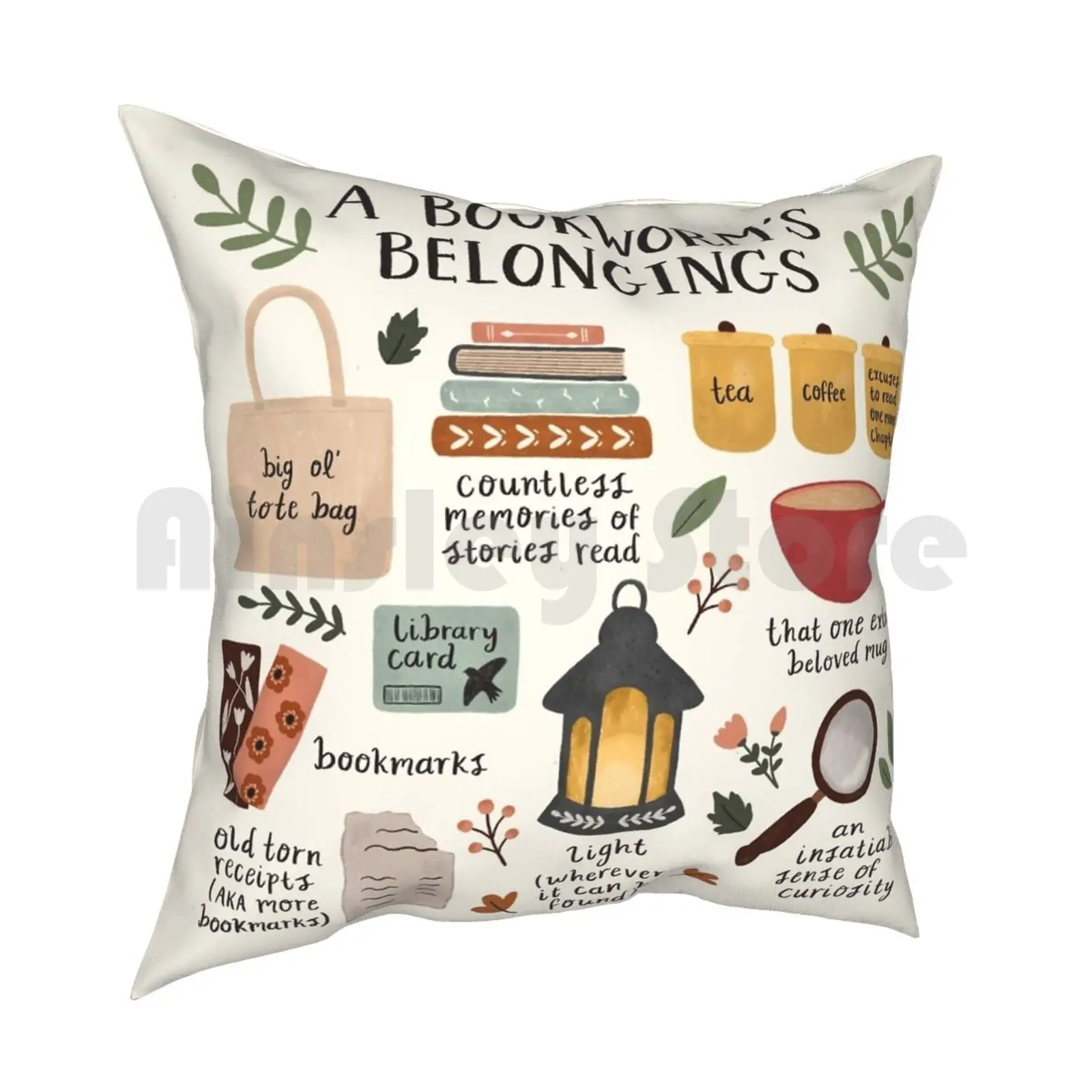 A Bookworm'S Belongings Pillow Case Printed Home Soft Throw Pillow Books Reading Read Reader Bookworm Bibliophile Book