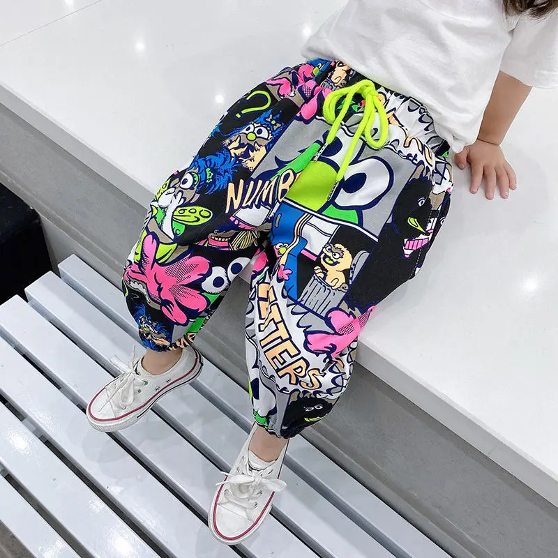 Children's pants girls summer mosquito pants women's cotton casual pants new boys online celebrity graffiti kids clot