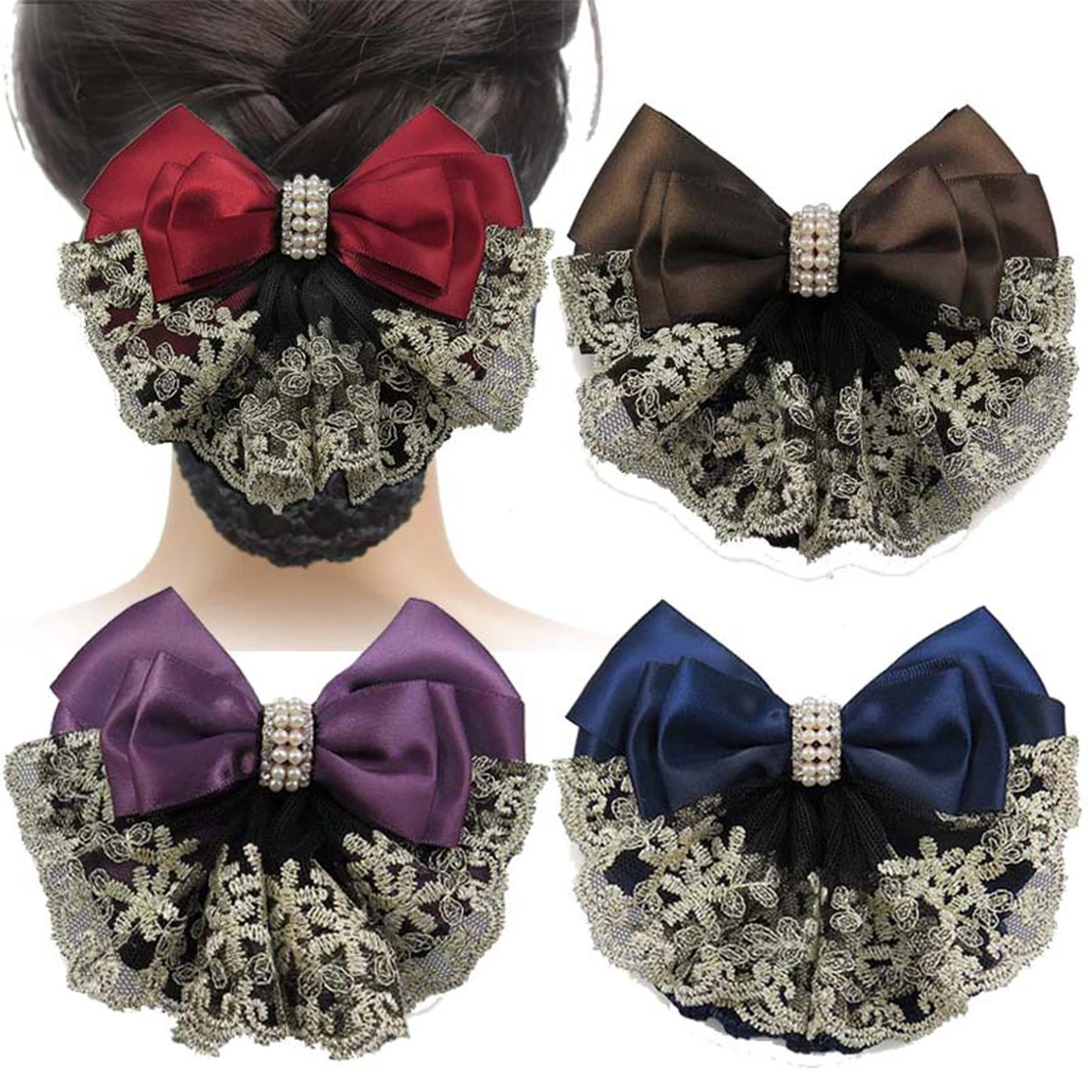 New Floral Lace Satin Bow Hair Net Barrette Bank Staff Flight Attendant Nurses Satin Hair Clip Net Snood Women Hair Accessories