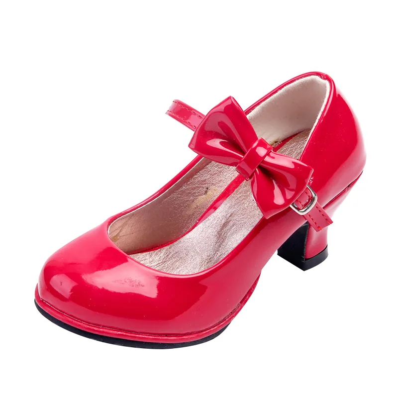 2024 New hot sale princess leather dance shoes girls party bow shoes shiny Solid Red color high-heeled fashion shoes for kids