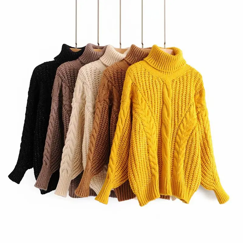 Long-sleeved Lazy Wind Turtleneck Knitted Sweater Female Twist Stripe Loose Simple Breathable Fashion Sweater Pullover Women