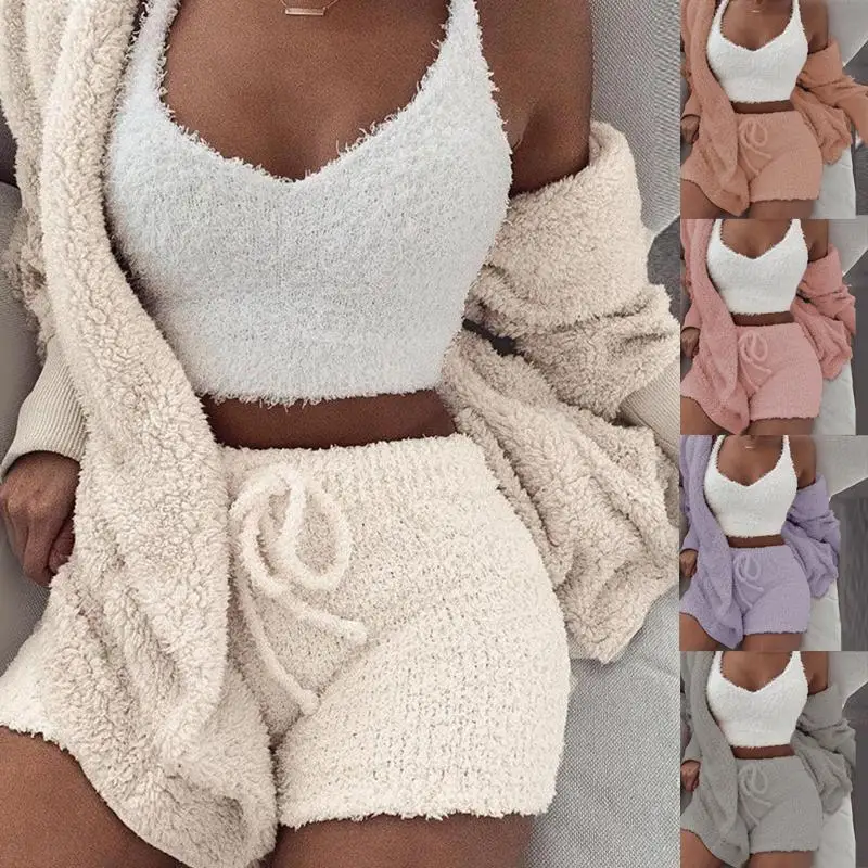 Sexy Women Fluffy Pajama Sets 3 Piece Tracksuit Plush Hooded Cardigan Coat+Crop Top+Shorts Casual Sleepwear Suits Plus Size