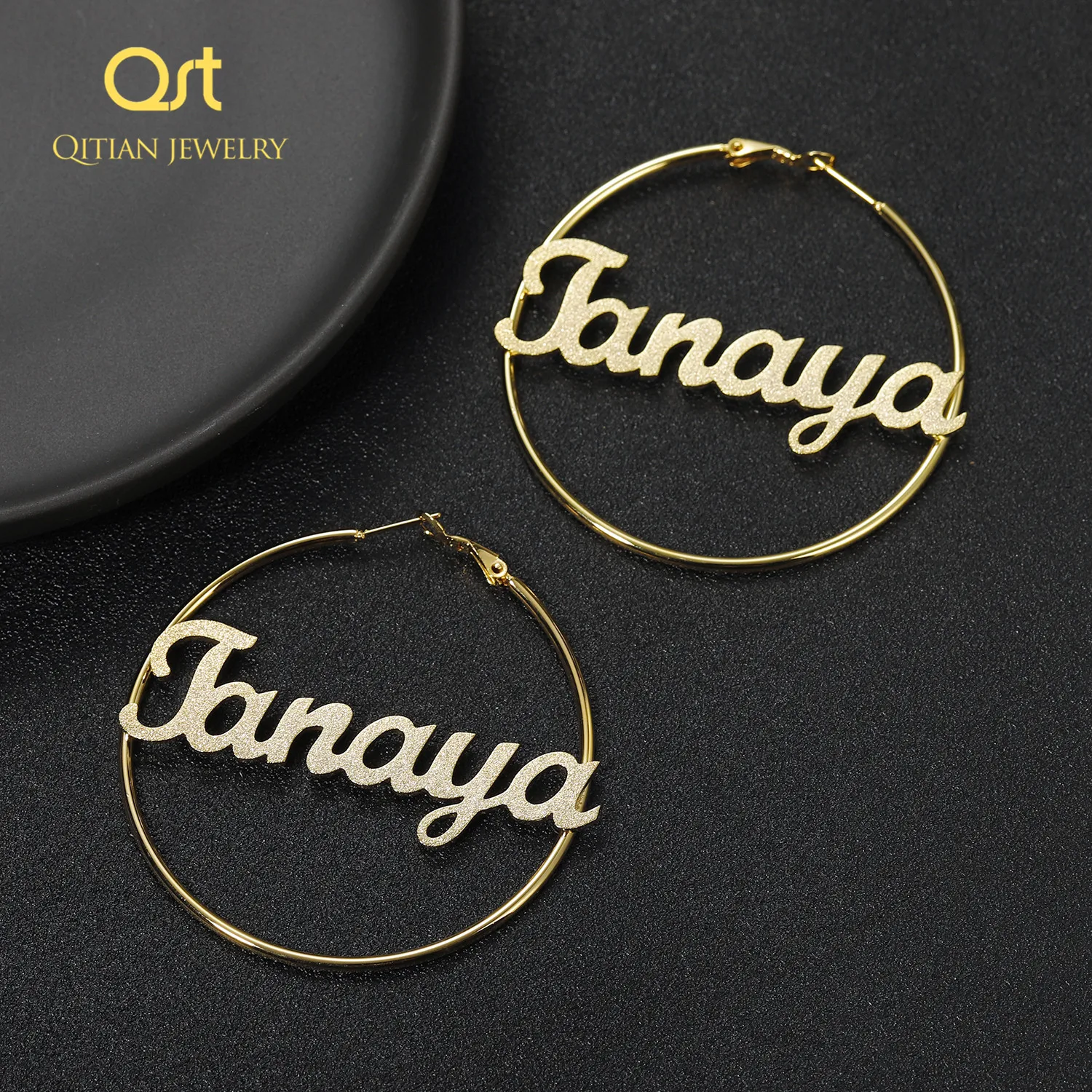 Personalised Big Sand Blasting Earrings Custom Stainless Steel Frosted Hoop Earring  for Women Nameplate Jewelry Girl Gifts