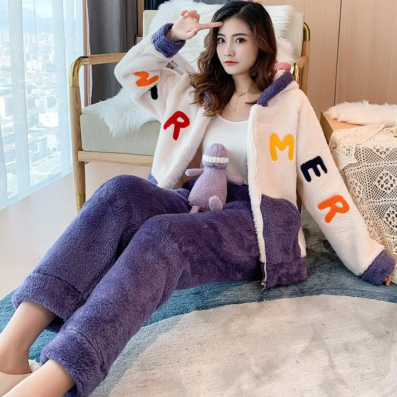 Conjunto de pijama de franela gruesa con capucha para invierno, ropa de dormir de terciopelo, sudadera cálida Kawaii para el hogar, novedad