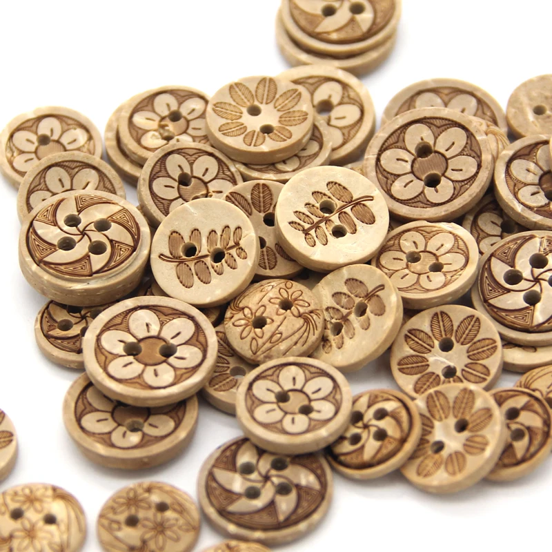 HENGC 30pcs Mixed Flower Carved Wooden Buttons For Clothing Children Scrapbooking Shirt Handmade DIY Sewing Accesories Wholesale