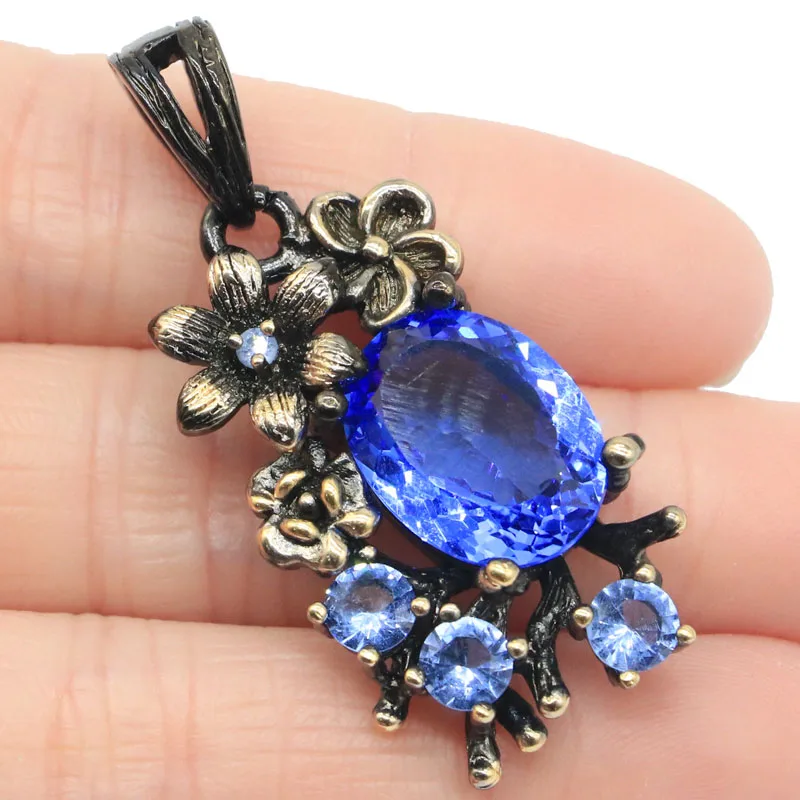 

44x20mm Bohemia Design Vintage 9.3g Flowers Created Pink Morganite Violet Tanzanite London Blue Topaz Black Gold Silver Pendant