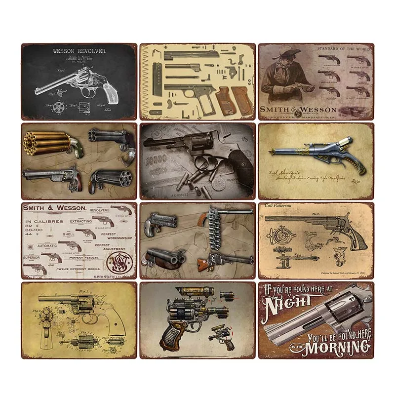 

Retro Gun Metal Tin Signs Pistol Poster Shabby Chic Wall Art Plaque Coffee Bar Pub Club Decoration Home Decor 20x30cm