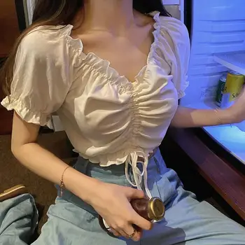 여성용 섹시한 오프 숄더 크롭탑 러플 셔츠, 퍼프 슬리브, 하라주쿠 티 셔츠, 시폰, 청년 우아한 블라우스, 패션 