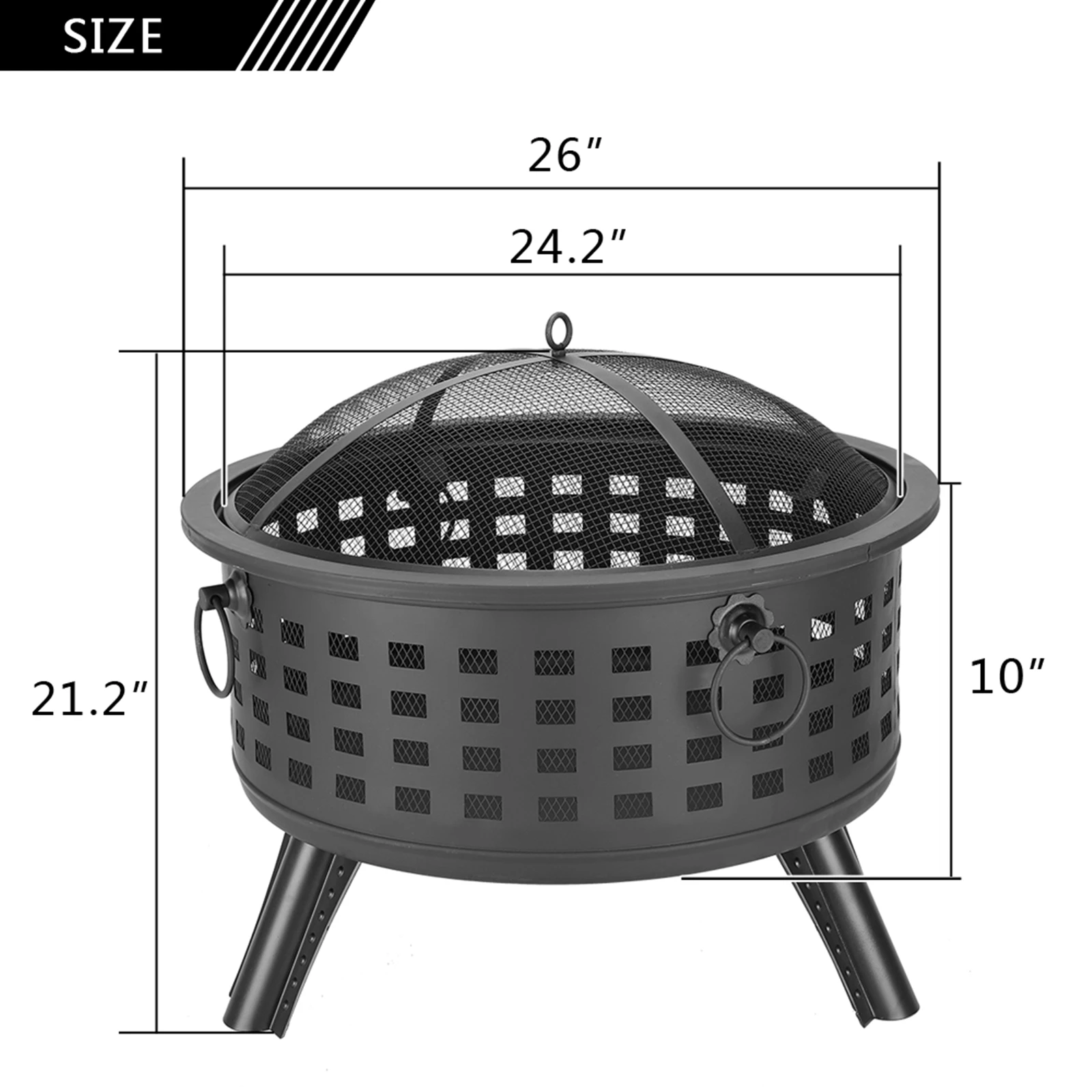 26” Round Lattice Fire Bowl Black Iron Firepit Modern Stylish Fire Pit Garden Outdoor for Garden Patio Terrace Camping