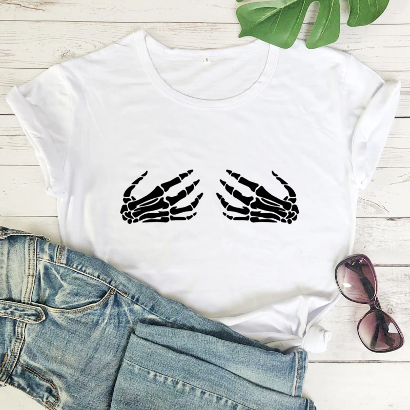 Funny Skeleton Hands Boobs Halloween T-shirt Trendy 90s Holiday Party Gift Tshirt Spooky Women Graphic Gothic Tee Shirt Top