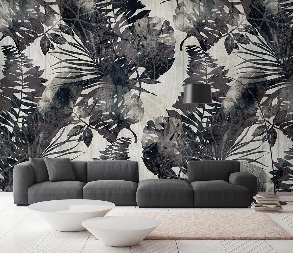 

Custom size leaf mural black watercolor leaf background wallpaper home decoration living room rainforest plants 3d wallpaper