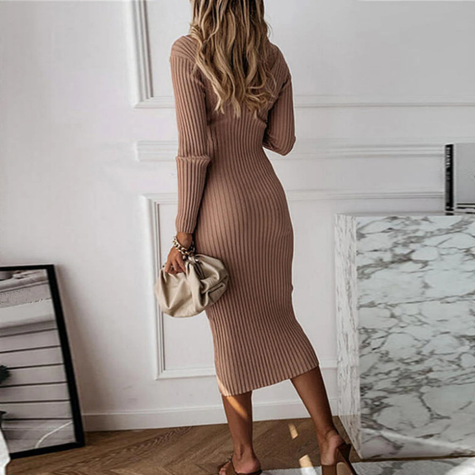 Elegant Dress Women Autumn Sexy Zip V Neck Long Sleeve Backless Slim Ribbed Knit Bodycon Midi Sweater Dress Party