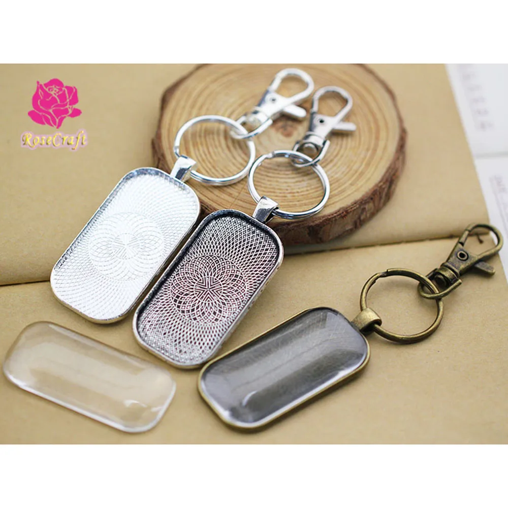 10pcs Keychain Rectangle Blank Pendant Tray Setting 25x50mm Base+25mm Key Ring+Transparent Glass Cabochon+Lobster Clasps