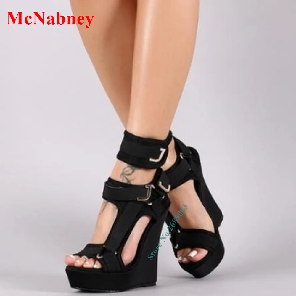 Custom Made Heeled Wedge Sandals Open Toe Solid Ankle Buckle Straps Platform Sandals Female Dress Shoe Summer Party Daily Black