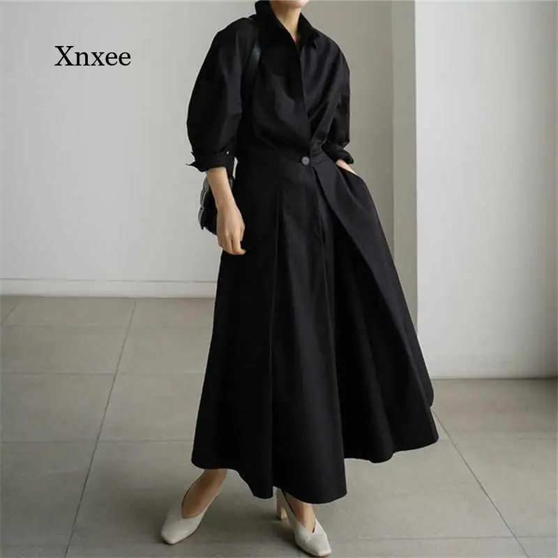 A Line Long Shirt Dress Korea Chic Autumn Casual Trend Women Solid Lapel Single Button Loose Fashion Long-Sleeved Office Dresses