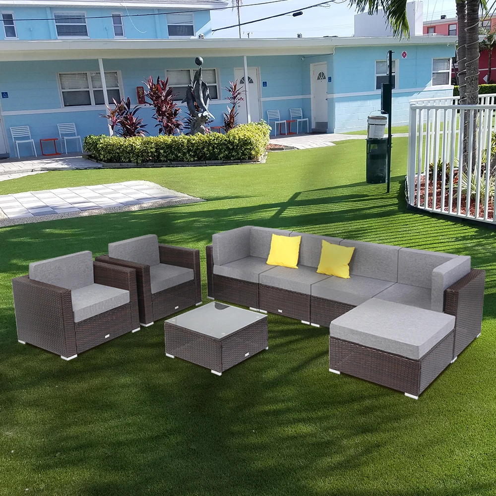 Two Styles US Warehouse 8 Pieces Patio PE Wicker Rattan Corner Sofa Set Patio Furniture Set In Stock  for the outdoors and Patio