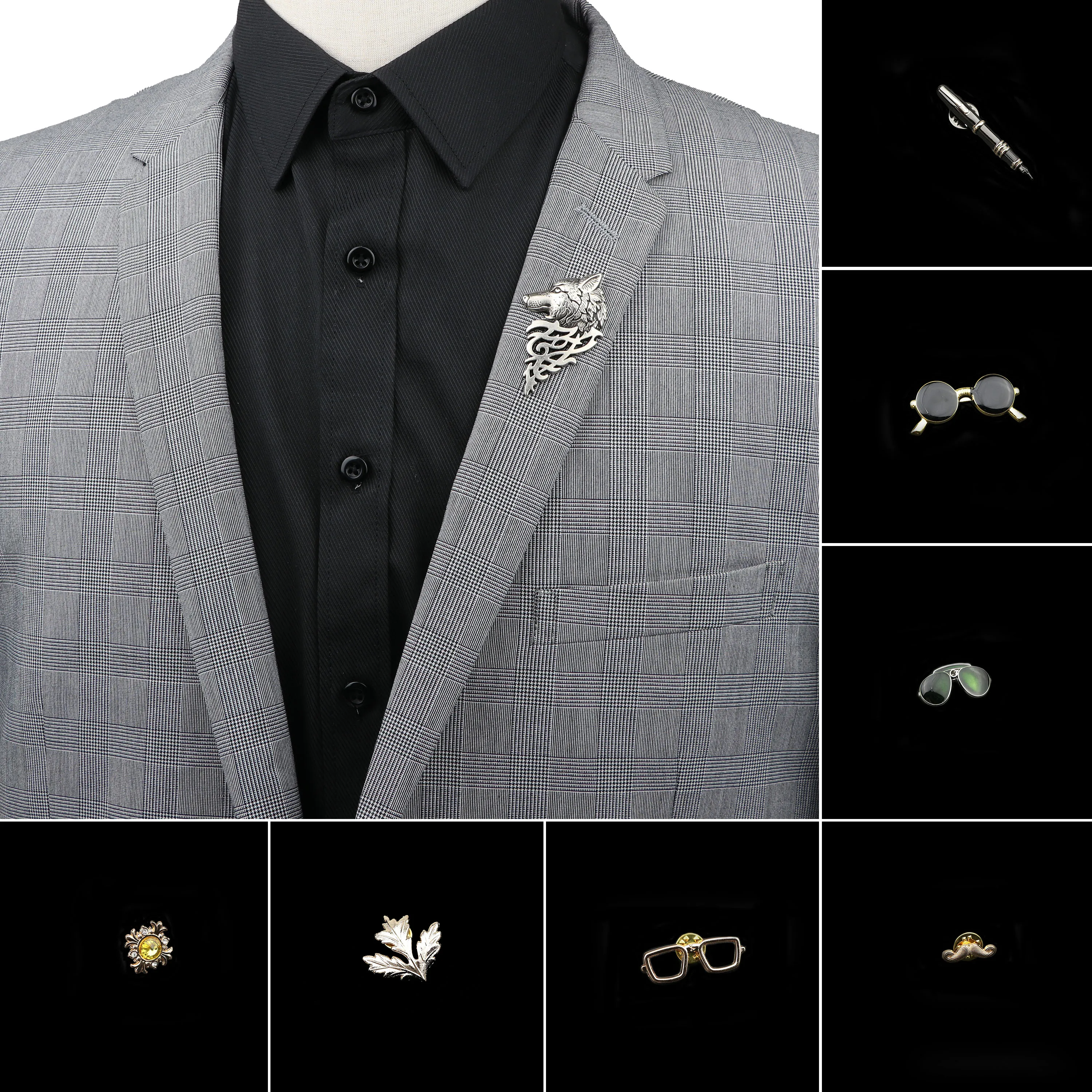 Men's Advanced Chic Brooches Wolf Sunglasses Pin Suit Shawl Lapel Pins Uxedo Corsage Hat Shirt Collar Pin Party Daily Accessory