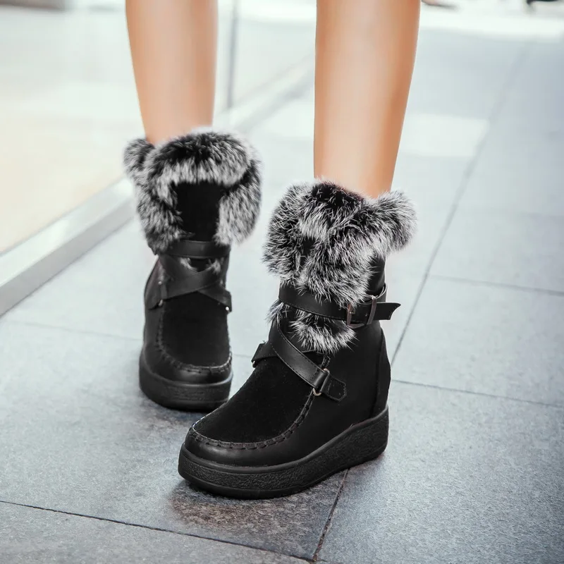 Faux Fur Plush Warm And Flat Snow Boots Waterproof Platform PU Stitching Frosted Flock Belt Buckle Women's Mid-Calf Boots