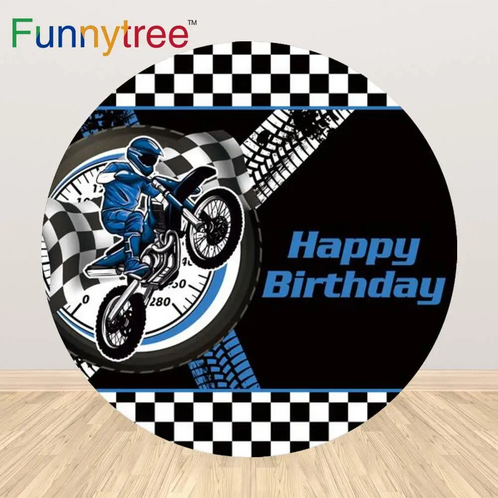 

Funnytree Motorcycle Happy Birthday Theme Backrop Boy Mosaic Race Car Competition Party Supplies Custom Circle Background