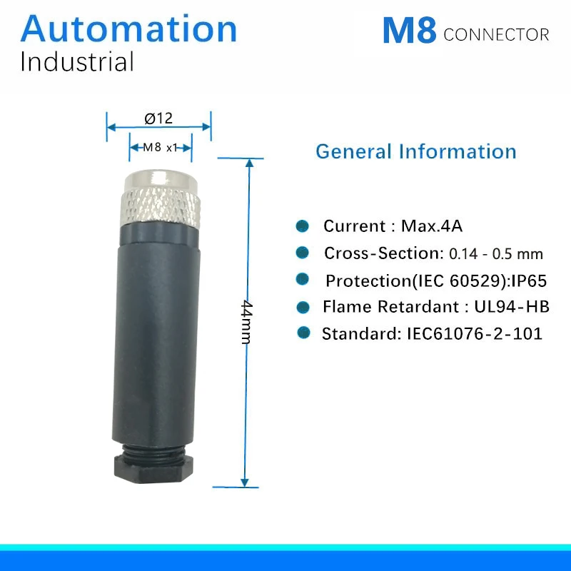M8 Connector, 4Pin, Female,  IP67，CE, ROHS