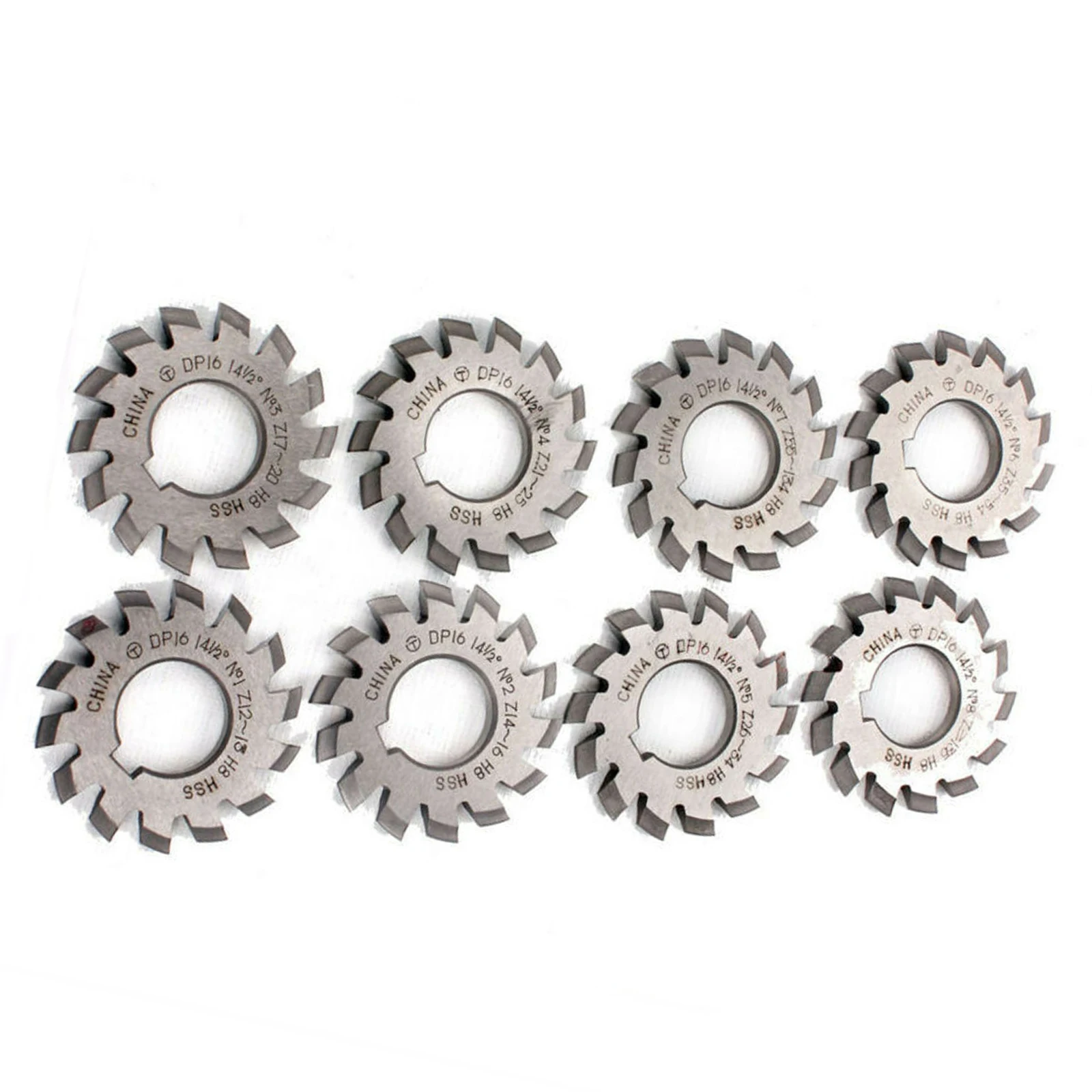 

Gear Milling Cutter Involute Gear Cutter DP6 DP8 DP10 DP12 DP14 DP16 DP20 DP22 DP24 PA14-1/2 HSS 8H Set No1-8 Speed Steel 8 Pcs