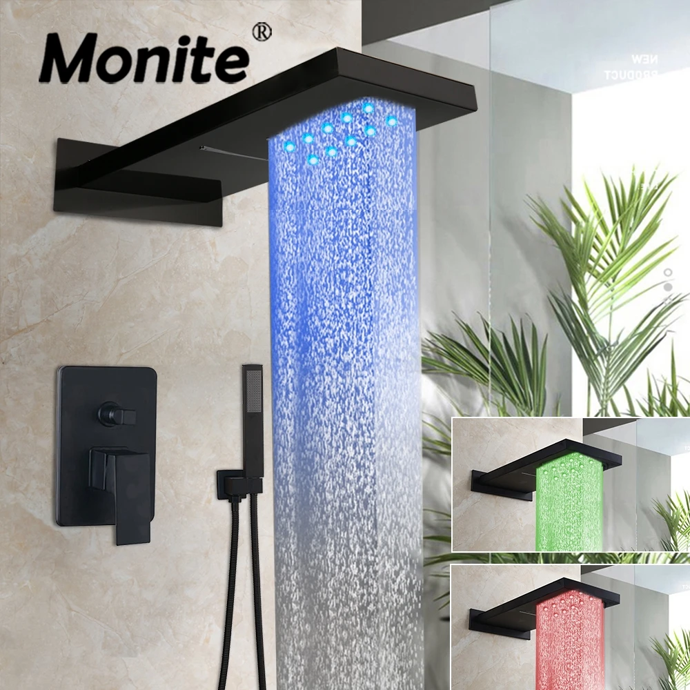 

Monite Chrome Polished LED Shower Head Black Painting Bathroom Shower Faucet Set Rainfall Waterfall 2 Fuction Mixer Shower Set