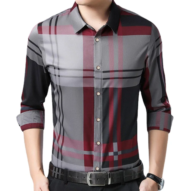 Arctic fleece men's spring shirt long-sleeved business casual Korean style slim trend shirt young men's plaid shirt