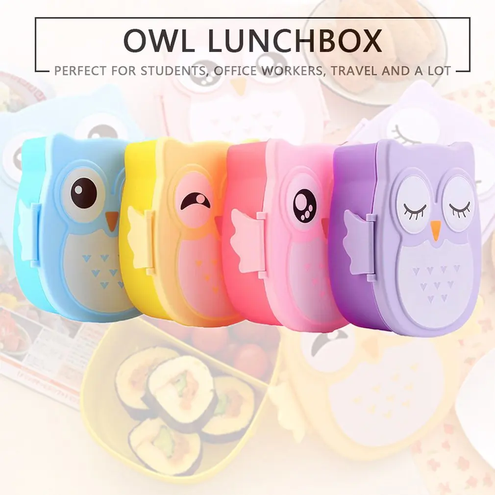 Fiambrera portátil Bento de búho de dibujos animados, contenedor de plástico seguro para alimentos, Picnic, niños, estudiantes, estuche con compartimentos