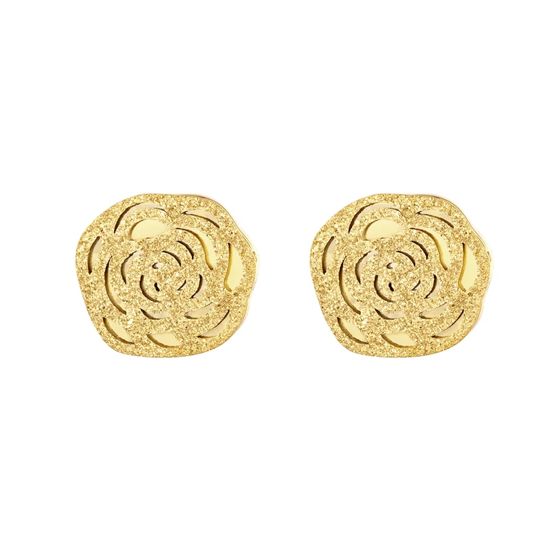 Fashion Jewelry Double-layer Design Frosted Glossy Camellia Stud Earring Stainless Steel High Quality Gold Color Women Earring