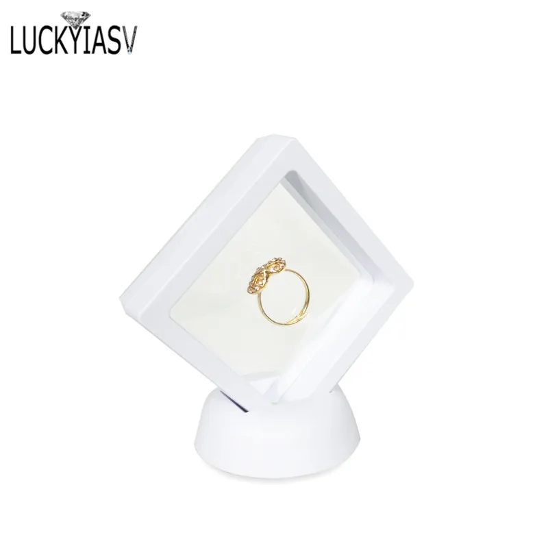 Schwarz Weiß Kunststoff Ausgesetzt Floating Display Fall Ohrring Münze Edelsteine Ring Schmuck Lagerung Pet Membran Stand Halter Box 7*7*2cm