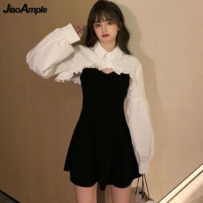 Women\'s Korean Fashion 2 Pieces Dress Set Spring Summer Sweet Ruffles Long Sleeve Shirt Black Sling Mini Dresses Set 2024 Trendy