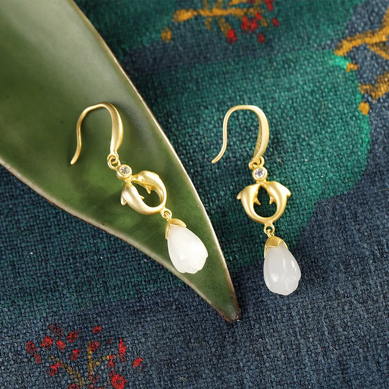 S925 gold-plated sterling silver magnolia double fish and white jade earrings ear hook gold-plated retro female earrings free sh