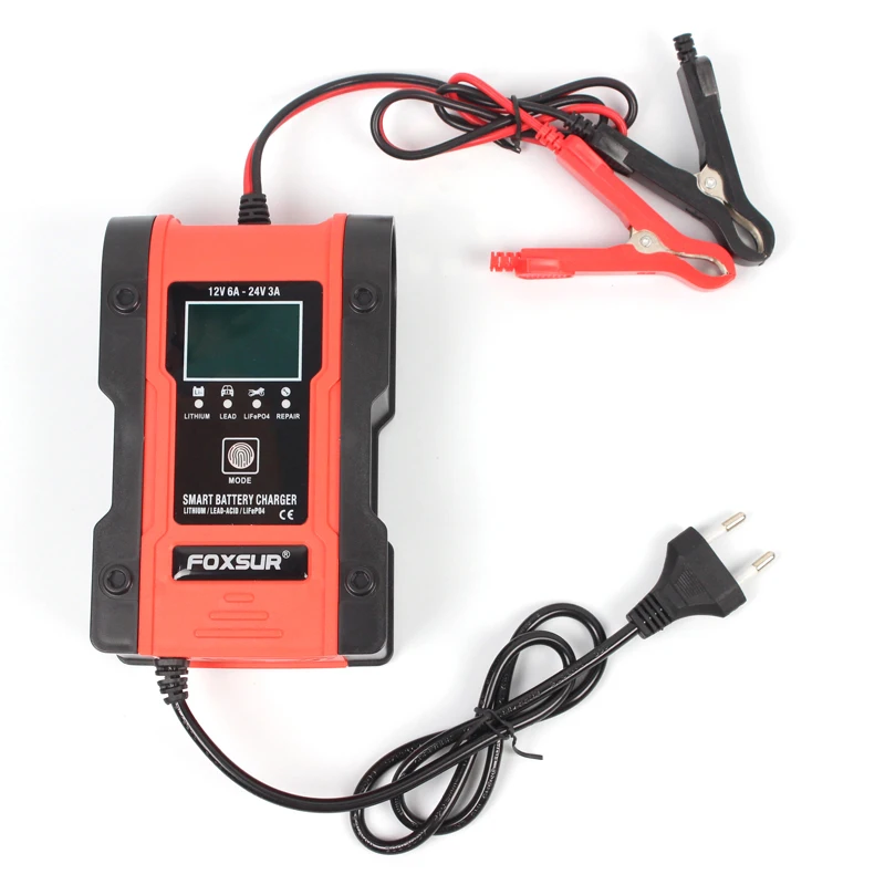 FOXSUR 6A Fully-Automatic Smart Charger, 12V 24V Battery Charger, Battery Maintainer, Battery Desulfator AGM GEL WET Lithium