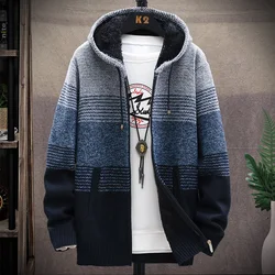Casaco de lã masculino com capuz, suéter de inverno, jumper, malhas com zíper, listrado, suéteres grossos quentes, roupas masculinas, casaco fashion