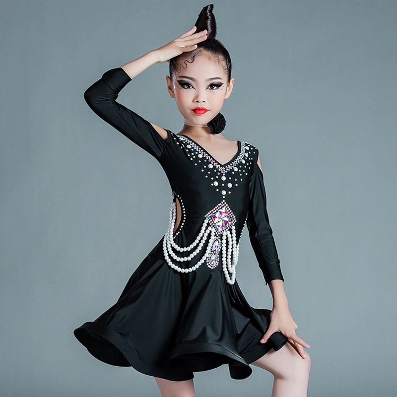 Latin Dance Dress Girls Rhinestone Competition Dance Costume Pearl Chain Cha Cha Samba Performance Clothing Black Dress BL6909