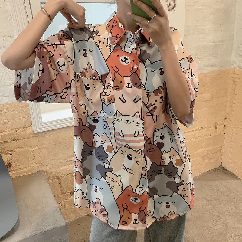 Summer Women Street Fashion Turn Down Collar Half Sleeve Shirt Blouse Cute Full Cat Print Loose Casual Blosues Kawaii Tops