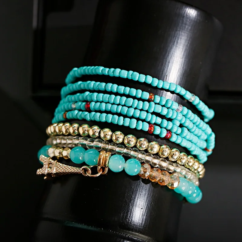 Fashion Bohemian Tower Ladies Bracelet Set Ethnic Summer Multilayer Charm Bracelet Jewelry Beaded Bracelet